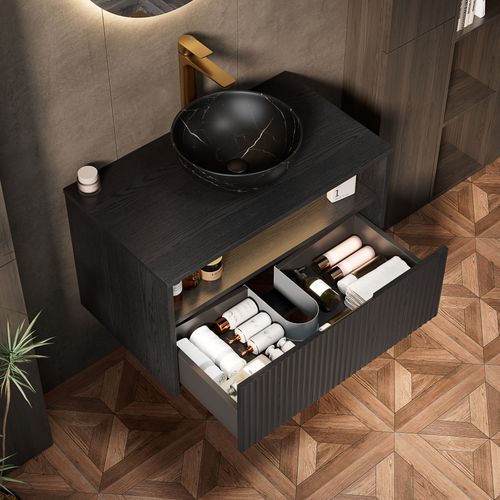 Meuble De Salle De Bains Suspendu Noir Avec Vasque Céramique Et Éclairage à Détection