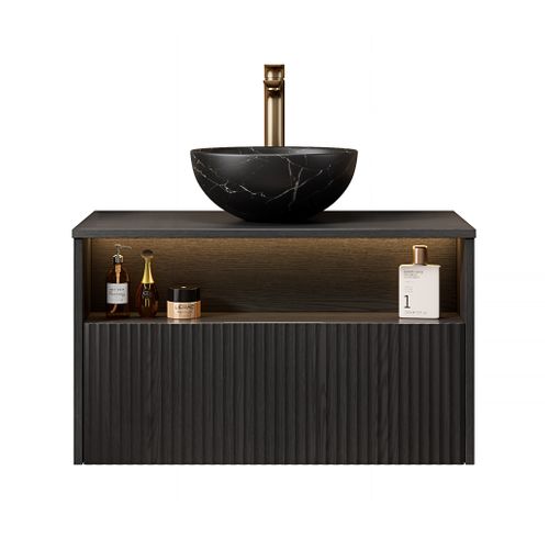 Meuble De Salle De Bains Suspendu Noir Avec Vasque Céramique Et Éclairage à Détection