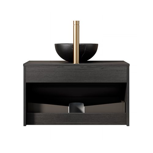 Meuble De Salle De Bains Suspendu Noir Avec Vasque Céramique Et Éclairage à Détection