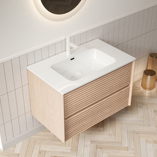 Meuble-lavabo Mural En Noyer Naturel, Vasque Céramique Blanche Intégrée Et 2 Tiroirs Soft-close
