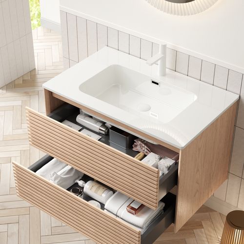 Meuble-lavabo Mural En Noyer Naturel, Vasque Céramique Blanche Intégrée Et 2 Tiroirs Soft-close