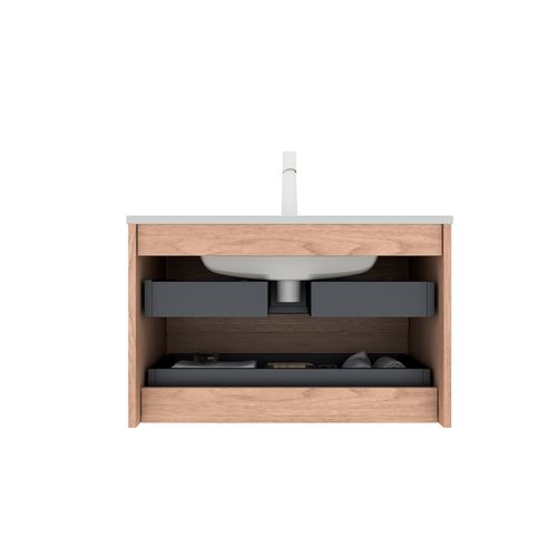 Meuble-lavabo Mural En Noyer Naturel, Vasque Céramique Blanche Intégrée Et 2 Tiroirs Soft-close