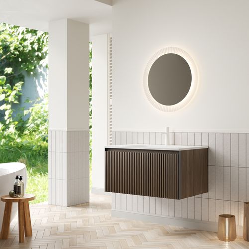 Meuble Lavabo 80 Cm Chêne Brun Avec Vasque Céramique Intégrée, Tiroir à Fermeture Douce