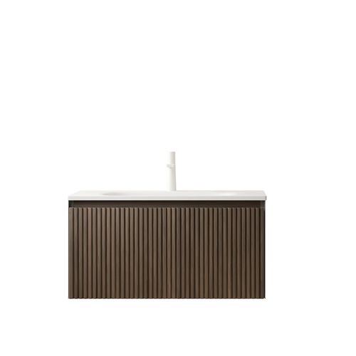 Meuble Lavabo 80 Cm Chêne Brun Avec Vasque Céramique Intégrée, Tiroir à Fermeture Douce