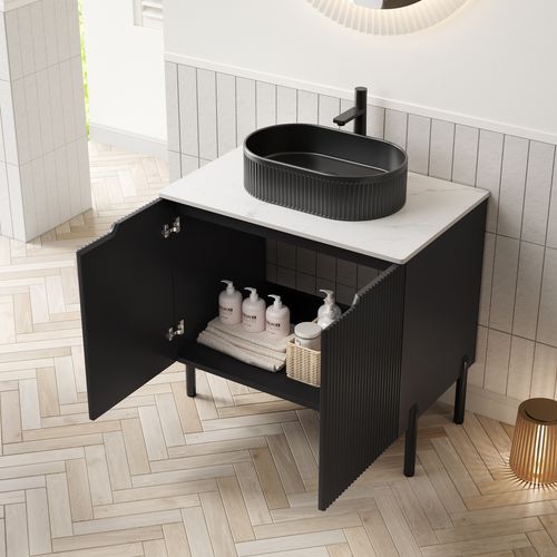 Meuble Lavabo Indépendant Noir Mat Avec Vasque Ovale En Céramique Striée Et Plan En Pierre Frittée