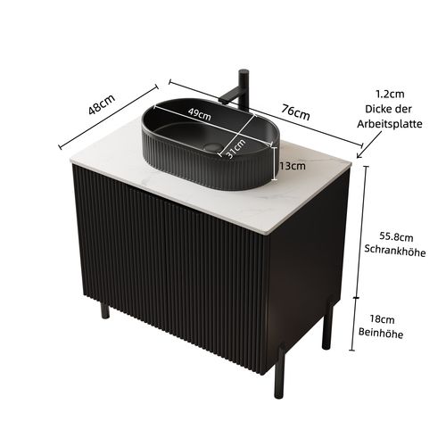 Meuble Lavabo Indépendant Noir Mat Avec Vasque Ovale En Céramique Striée Et Plan En Pierre Frittée