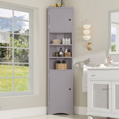 Armoire D'angle 37x24,5x170 Cm En Mdf Laqué Gris, Résistante à L'humidité Et Rangement Optimisé