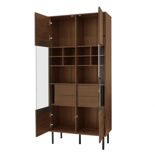 Vitrine Multifonction 1 Porte 4 Tiroirs Effet Noyer, Verre Renforcé Et Pieds Métal 16,6 Cm