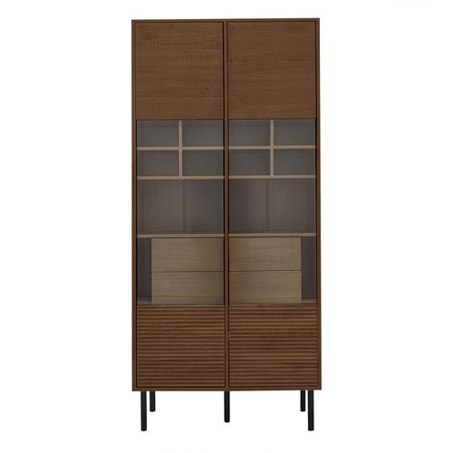 Vitrine Multifonction 1 Porte 4 Tiroirs Effet Noyer, Verre Renforcé Et Pieds Métal 16,6 Cm