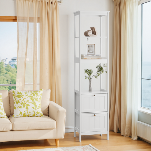 Colonne De Rangement Étroite 40x30x160 Cm Blanche En Mdf, 2 Tiroirs Et 3 Étagères Pratiques