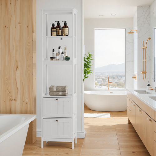 Colonne De Rangement Étroite 40x30x160 Cm Blanche En Mdf, 2 Tiroirs Et 3 Étagères Pratiques