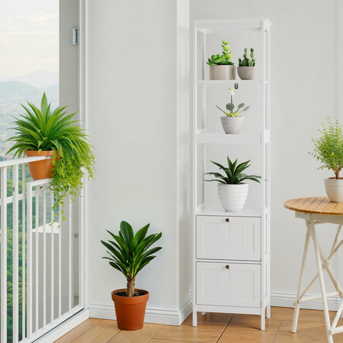 Colonne De Rangement Étroite 40x30x160 Cm Blanche En Mdf, 2 Tiroirs Et 3 Étagères Pratiques