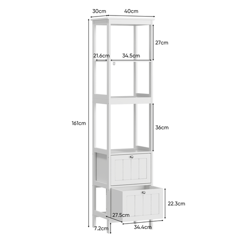 Colonne De Rangement Étroite 40x30x160 Cm Blanche En Mdf, 2 Tiroirs Et 3 Étagères Pratiques