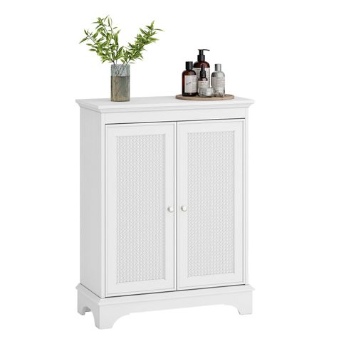 Meuble Bas De Salle De Bain 1 Porte 3 Étagères Réglables En Mdf Blanc Avec Insert Rotin