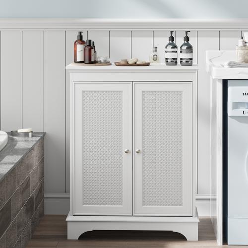 Meuble Bas De Salle De Bain 1 Porte 3 Étagères Réglables En Mdf Blanc Avec Insert Rotin