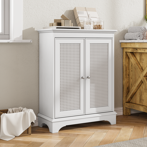 Meuble Bas De Salle De Bain 1 Porte 3 Étagères Réglables En Mdf Blanc Avec Insert Rotin