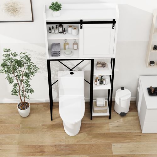 Meuble De Rangement Pour Toilettes 1 Porte Coulissante Style Ferme, Mdf Blanc Et Métal Noir