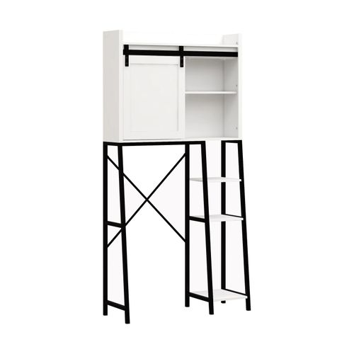 Meuble De Rangement Pour Toilettes 1 Porte Coulissante Style Ferme, Mdf Blanc Et Métal Noir