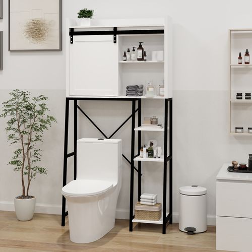 Meuble De Rangement Pour Toilettes 1 Porte Coulissante Style Ferme, Mdf Blanc Et Métal Noir