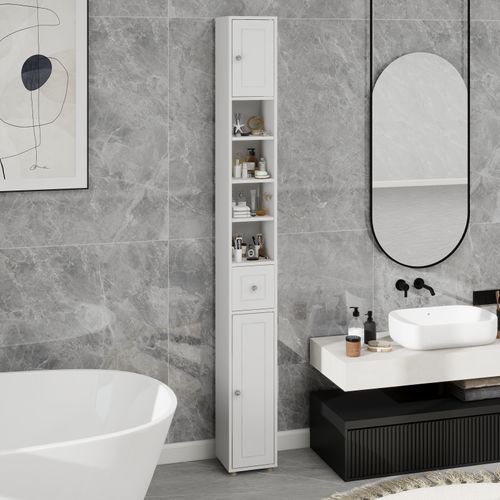 Colonne De Rangement 20x20x180 Cm Blanche En Mdf, Finition Uv Grain De Bois, 1 Tiroir 2 Portes