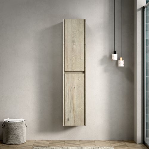 Armoire Murale Étroite 2 Portes En Contreplaqué Off White, Veinage Bois Crème, Poignées 45°