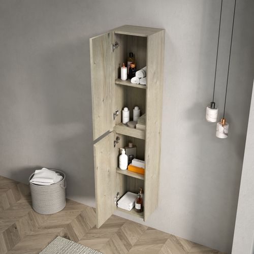 Armoire Murale Étroite 2 Portes En Contreplaqué Off White, Veinage Bois Crème, Poignées 45°
