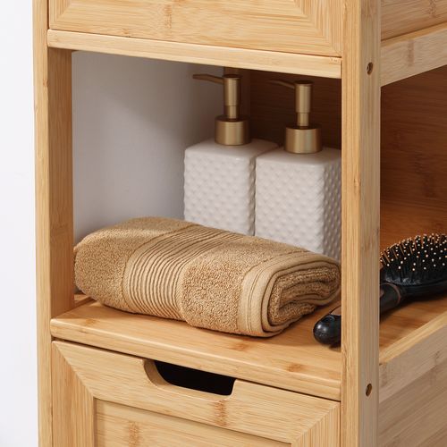 Armoire De Salle De Bain 30x30x90 Cm En Bambou Naturel, Tiroirs Amovibles