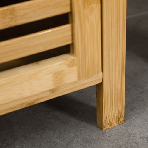 Armoire De Salle De Bain En Bambou Naturel 33x30x120 Cm, 2 Étagères Et Porte à Lamelles Ventilée