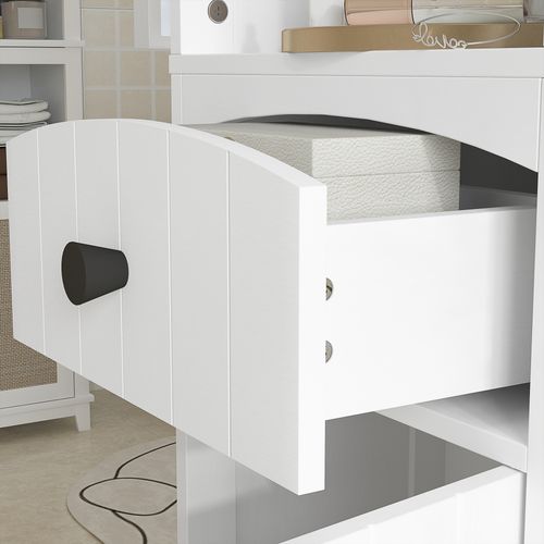 Armoire Haute Salle De Bains 34 X 24 X 170,5 Cm En Mdf Blanc – 1 Porte, 1 Tiroir Et 3 Étagères