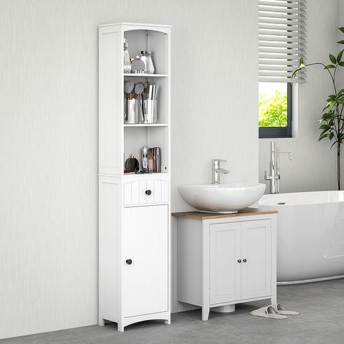 Armoire Haute Salle De Bains 34 X 24 X 170,5 Cm En Mdf Blanc – 1 Porte, 1 Tiroir Et 3 Étagères