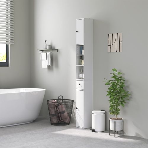 Armoire Haute Salle De Bain 20x20x178 Cm En Bois Blanc – Design Étroit Et Rangement Optimisé