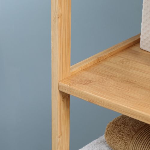 Armoire D'angle Pour Salle De Bain 30x30x140 Cm En Bambou, 3 Étagères Et 2 Tiroirs Amovibles