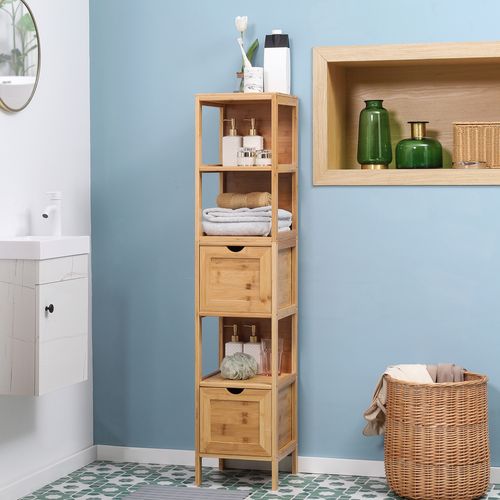 Armoire D'angle Pour Salle De Bain 30x30x140 Cm En Bambou, 3 Étagères Et 2 Tiroirs Amovibles