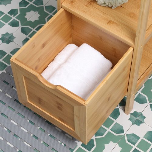 Armoire D'angle Pour Salle De Bain 30x30x140 Cm En Bambou, 3 Étagères Et 2 Tiroirs Amovibles