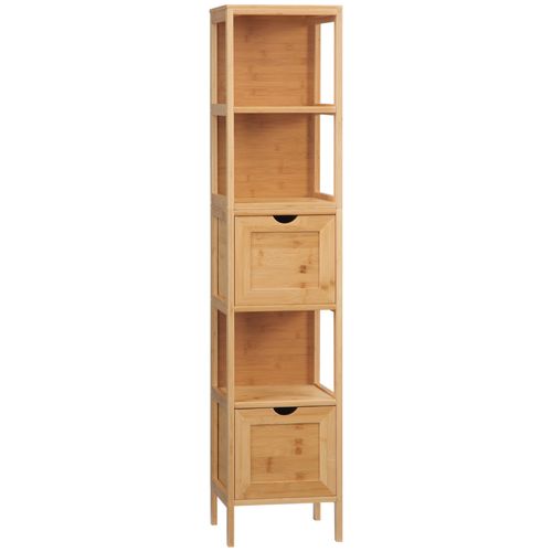 Armoire D'angle Pour Salle De Bain 30x30x140 Cm En Bambou, 3 Étagères Et 2 Tiroirs Amovibles