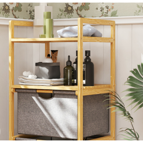 Panier à Linge 35,4 L Double Sur Étagères Bambou Naturel — Paniers Tissu Amovibles