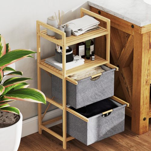 Panier à Linge 35,4 L Double Sur Étagères Bambou Naturel — Paniers Tissu Amovibles