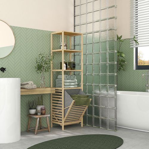 Étagère Salle De Bain 44x33x160 Cm Bambou Naturel, Panier Tissu Inclinable Et Anti-basculement