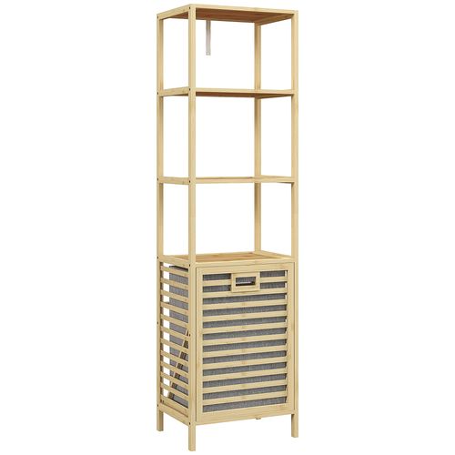 Étagère Salle De Bain 44x33x160 Cm Bambou Naturel, Panier Tissu Inclinable Et Anti-basculement