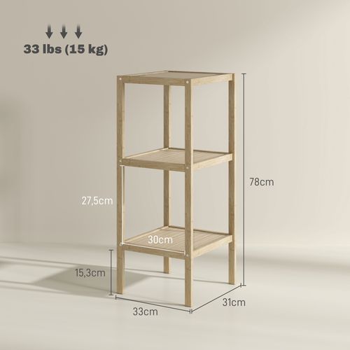 Étagère Salle De Bains Bambou Verni 33x31x78 Cm, 3 Niveaux, Anti-basculement, Pieds 15 Cm