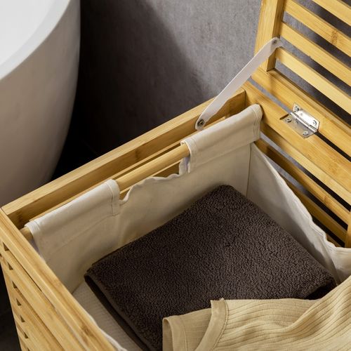 Panier à Linge 44 X 37 X 62,5 Cm En Bambou Naturel Avec Sac Amovible Lavable Et Couvercle