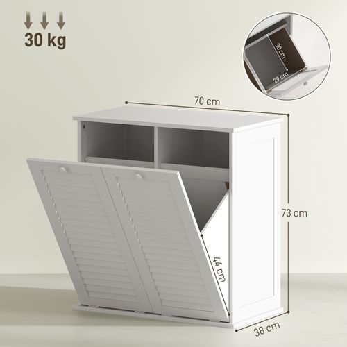 Armoire à Linge Blanche 70x38x73 Cm En Mdf, 2 Paniers Rabattables, Portes à Lamelles Ventilées