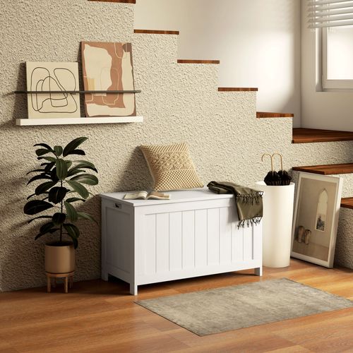 Coffre De Rangement 81x40x46 Cm En Mdf Blanc Entretien Facile, Poignées Et Charnière De Sécurité