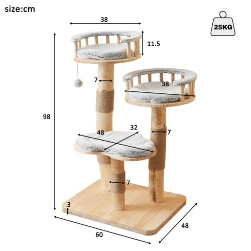 Arbre à Chat Design En Bois Massif 98 Cm, 3 Niveaux, Coussins Amovibles En Forme De Nuage, Gris