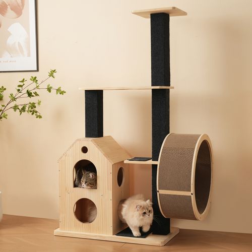 Arbre à Chat 80×40×152 Cm En Bois Naturel Avec Roue De Course, 4 Plateformes Et 2 Niches