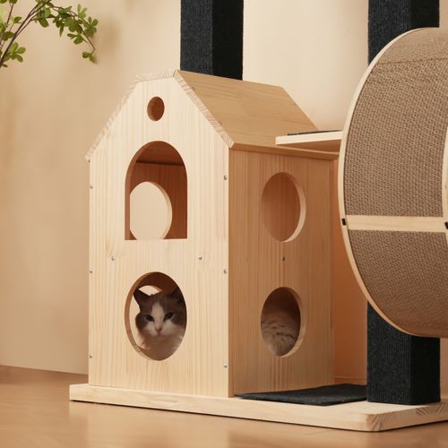 Arbre à Chat 80×40×152 Cm En Bois Naturel Avec Roue De Course, 4 Plateformes Et 2 Niches