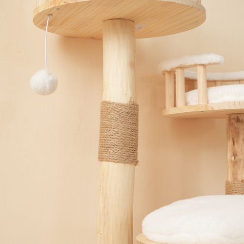 Arbre à Chat 98 Cm En Bois Massif Blanc, 3 Niveaux Avec Coussins Nuage Amovibles Et Sisal