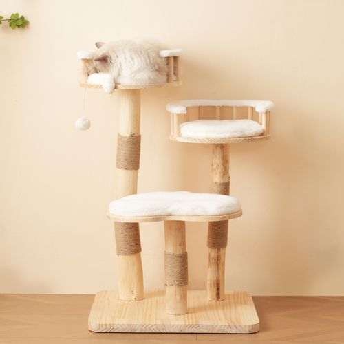 Arbre à Chat 98 Cm En Bois Massif Blanc, 3 Niveaux Avec Coussins Nuage Amovibles Et Sisal