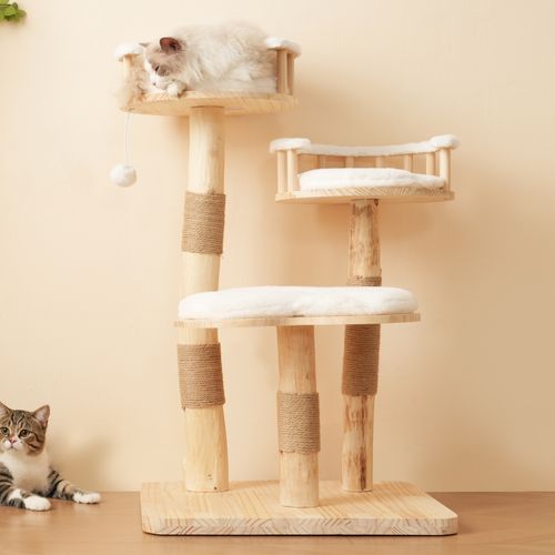 Arbre à Chat 98 Cm En Bois Massif Blanc, 3 Niveaux Avec Coussins Nuage Amovibles Et Sisal