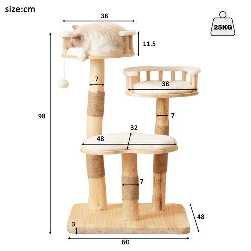 Arbre à Chat 98 Cm En Bois Massif Blanc, 3 Niveaux Avec Coussins Nuage Amovibles Et Sisal